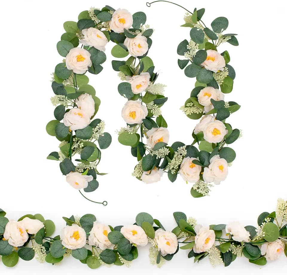 MAKHOT 2PCS Eucalyptus Garland, 6.6Ft Artificial Greenery Garlands Flower Decor, Green Spring Garland Wreath Vines Decorations for Table Home Wedding Mantle Party (Champagne)