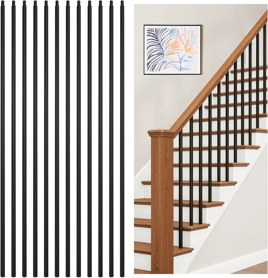 30P Wrought Iron Balusters Plain Bar for Staircase, 1/2" x 44" Square Hollow Spindles Deck Balusters, Black Metal Balusters for Stairs, Straight Stair Banister Spindles Railing