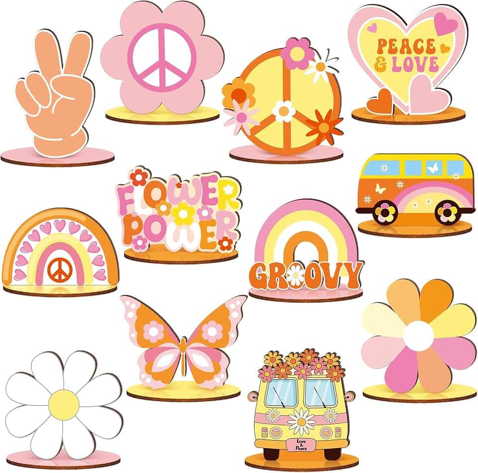 RattanView 12 Pcs Groovy Party Decorations Groovy Centerpieces for Tables Two Birthday Party Favors Hippie Bohemian Wooden Signs for Table Retro Rainbow Daisy Bus Table Topper