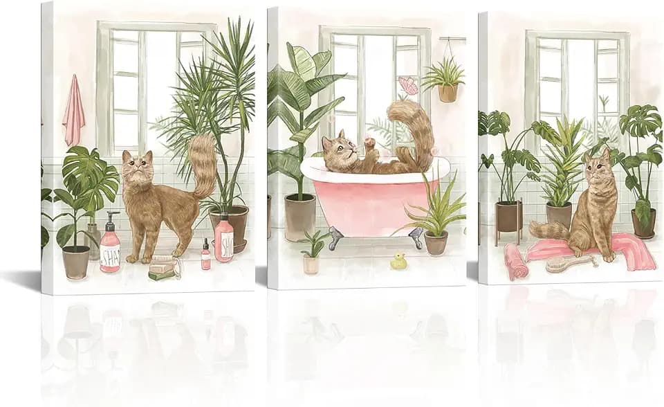 Apicoture Bathroom Cat Wall Decor Pink And Green Bathroom Wall Art Cute Orange Cat In Tub Painting Pictures Framed Wall Decor (Orange)