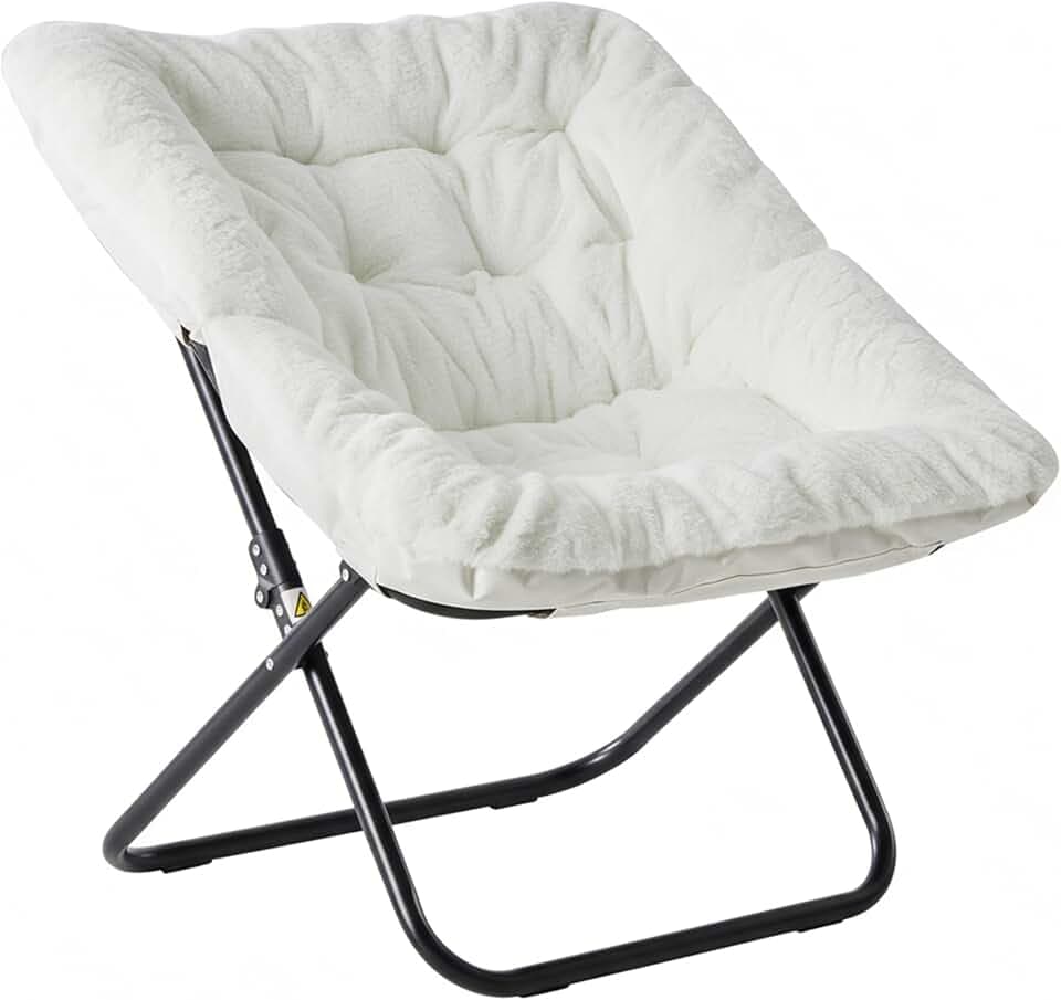 HealSmart Large Saucer Chair for Adults, Oversized Folding Faux-Fur Metal Lounge Chair, Foldable Comfortable Chairs, Plush Lounge Seating, Ideal for Living Room, Bedroom, Dorm Rooms, White