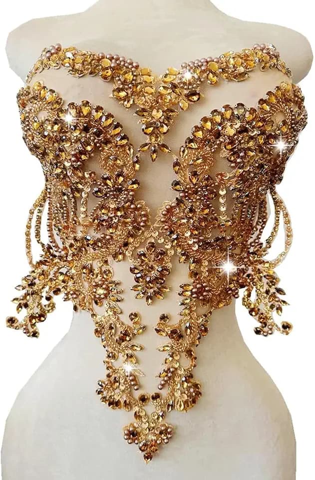 Handmade red/Blue/Gold/Green Rhinestones lace Bodice Applique Sewing Beads Crystal Trim Patches Accessory for Dress Clothes (Light Champagne)