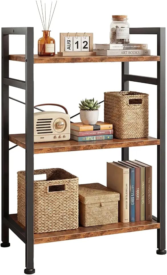 DUMOS 3 Tiers Open Bookshelf, Classic Freestanding Tall Display Shelf, Multifunctional Storage Organizer Rack for Living Room Home Office, Sturdy Bookcase for CDs/Books/Movies, Brown