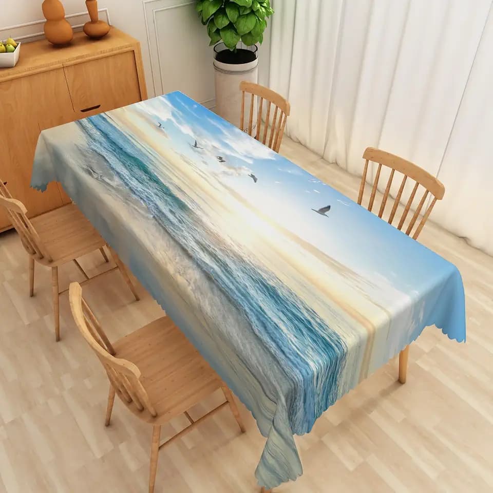 Summer Ocean Beach Tablecloth, 52x70 Inch Blue Sky White Cloud Seagulls Sunrise Sea Waves Nature Scenic Waterproof Fabric Table Cover for Dining Kitchen Picnic Beach Themed Party Decoration