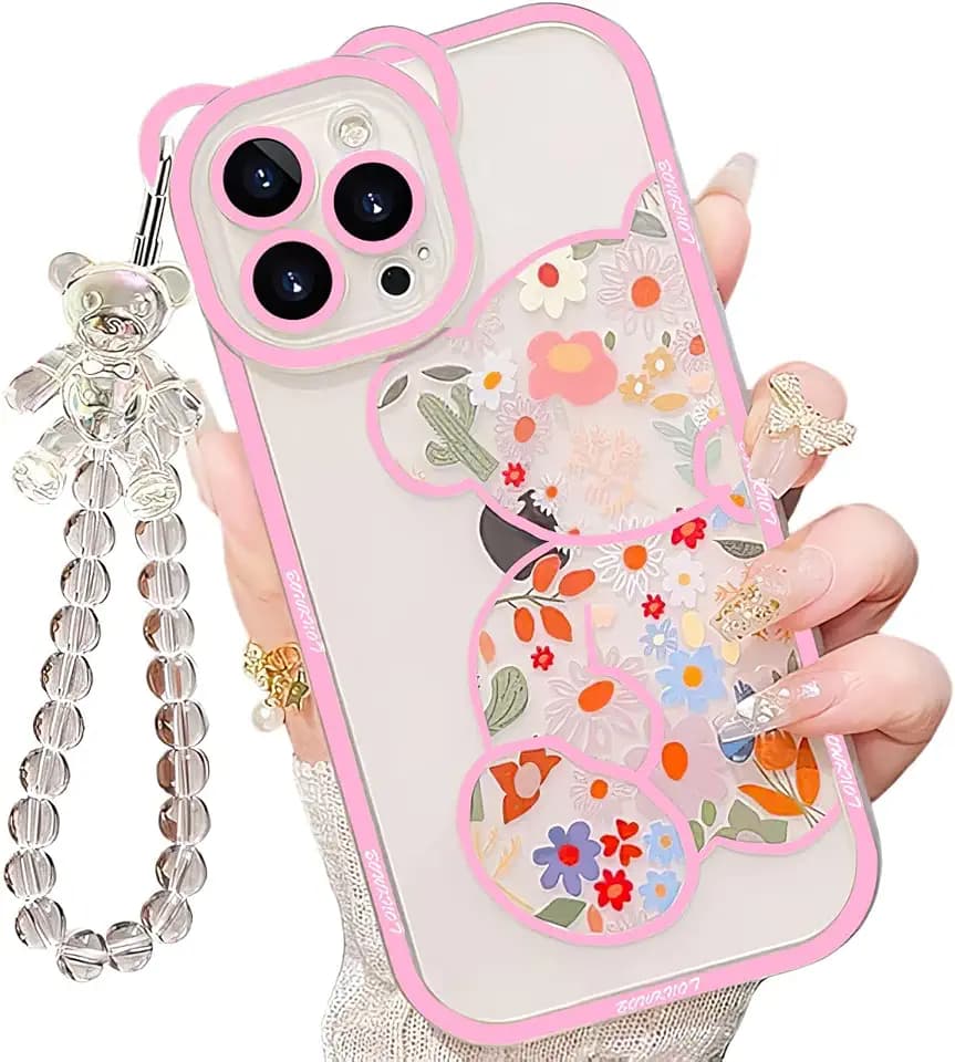 IAIYOXI for iPhone 17 Pro Max Case with Cute Flowers Bear Pattern, Camera Protector, Clear Phone Case and Lovely Strap Bracelet Chain, Compatible for iPhone 17 Pro Max for Girls Women (Pink)