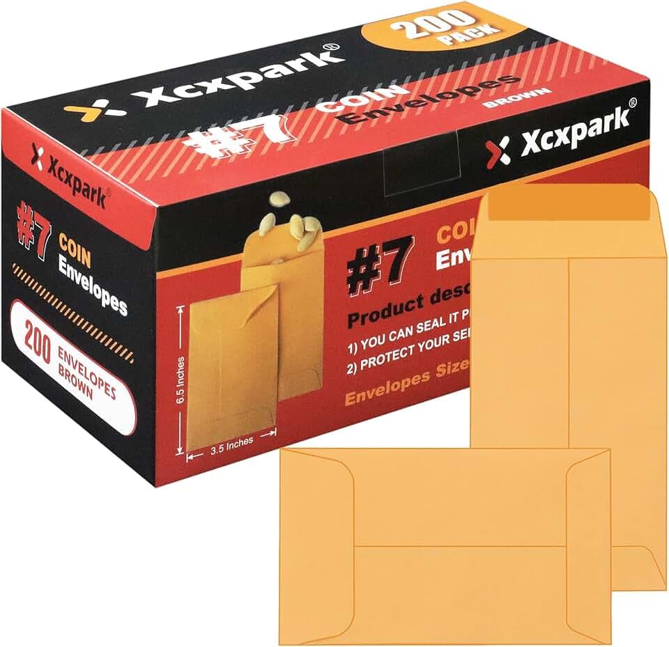Xxcxpark 200PCS #7 Coin Envelopes 3.5x6.5 inches Brown Kraft Envelopes Classic Small Parts Gummed Flap for Coins, Cash, Credit Cards, Seeds