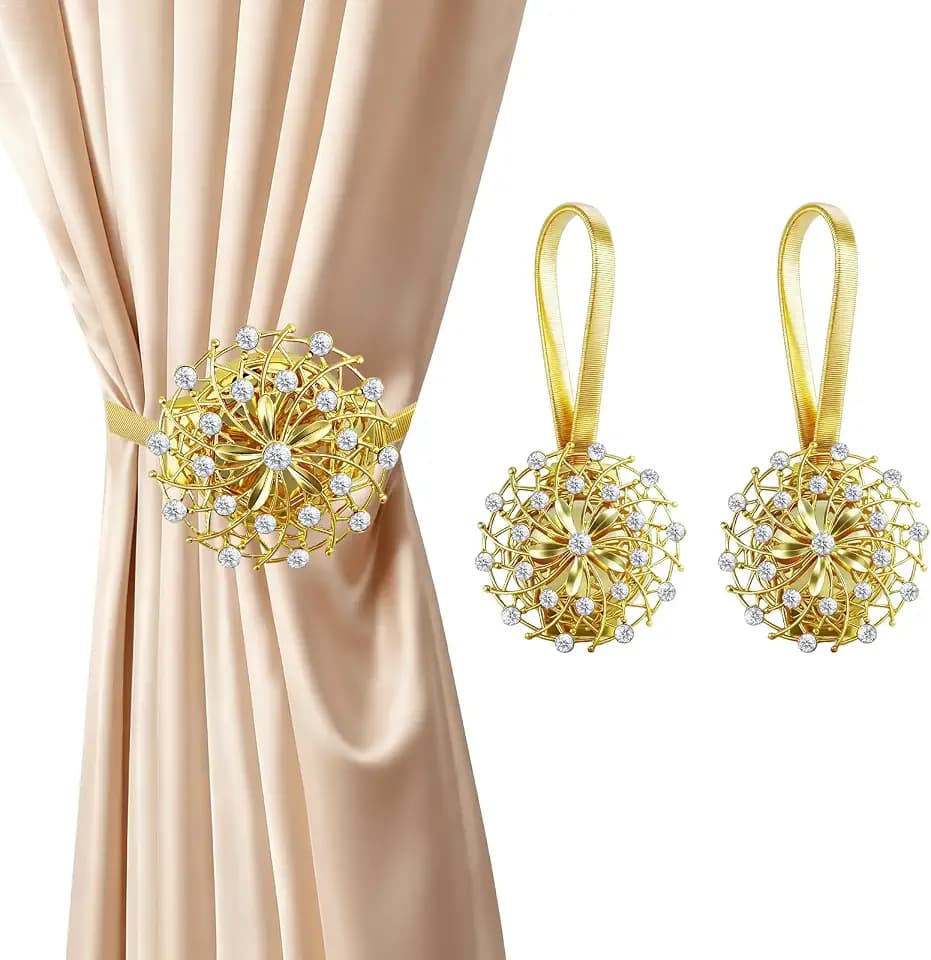 Magnetic Curtain Tiebacks 2 Pack, Gold Crystal Flower No-Drill Curtain Holdbacks with Flexible Spring Wire for Living Room Bedroom Window Decor
