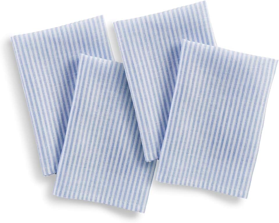 Solino Home 100% Linen Napkins, 20 x 20 in, Blue and White Stripe, Set of 4