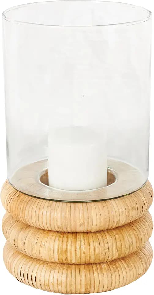 Deco 79 Glass Room Hurricane Lamp Round Hurricane Candle Holder with Light Brown Woven Base, Table Centerpiece Lamp 8" x 8" x 13", Clear