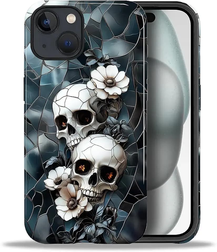 ZHEGAILIAN Case for iPhone 15,Shockproof Hard Shell + Soft Silicone 2 in 1 Hybrid,Shockproof Bumper Drop Protective - Skeleton Wild Flowers Dark