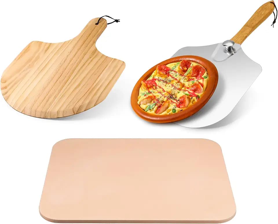 3 Pcs Pizza Stone Set Including 15"x 12“ large Rectangle Cordierite Stone, Wooden Peel, Aluminum Metal Peel with Foldable Wooden Handle for Baking Grill Cooking Homemade Pizza Bread BBQ
