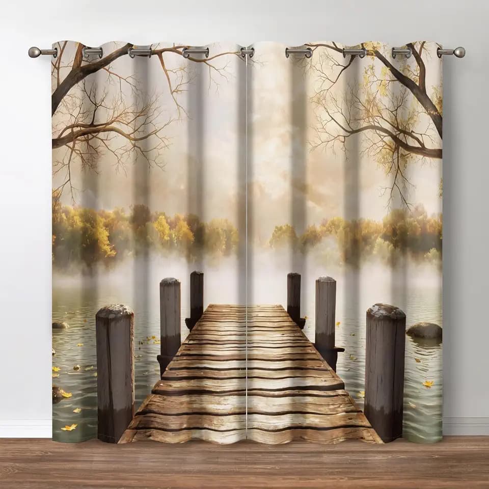 Jekeno Old Wood Jetty Foggy Forest Blackout Curtains Wooden Lake Fall Nature Landscape Autumn Fallen Leaves Decor Home Bedroom Living Room Darkening Grommet Window Drapes 2 Panel Set, 52"x84"