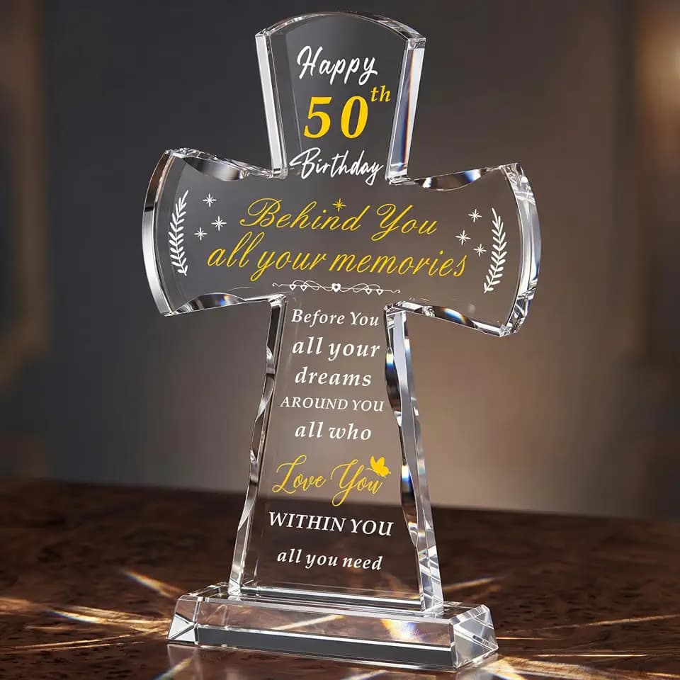 50th Birthday Religious Gifts for Women Men - Glass Stand Cross 50 and Fabulous Birthday Blessing - 50th Birthday Presents Ideas for Friends, Grandma, Mom Turning 50 Years Old