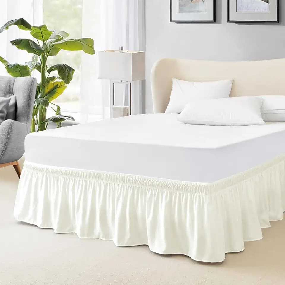 FreshCulture Queen Bed Skirt, Elastic Wrap Around Bed Skirt Queen Size, Bed Skirts for Adjustable Bed, Easy Fit with 15 Inch Drop Length, Hotel Quality Dust Ruffle for Queen Bed (Ivory)