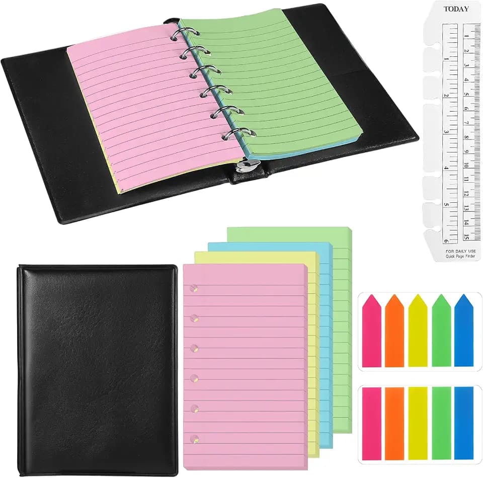 Feifeiya Mini 6 Ring Binder with 100 Lined Paper, Refillable Set, Colorful