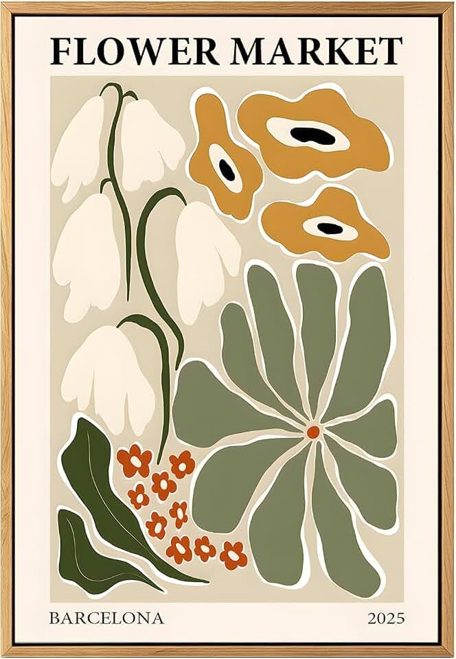 Gufro Flower Market Framed Canvas Wall Art,Green Fresh Boho Floral Wall Decor,Abstract Colorful Botanical Painting-24x32in