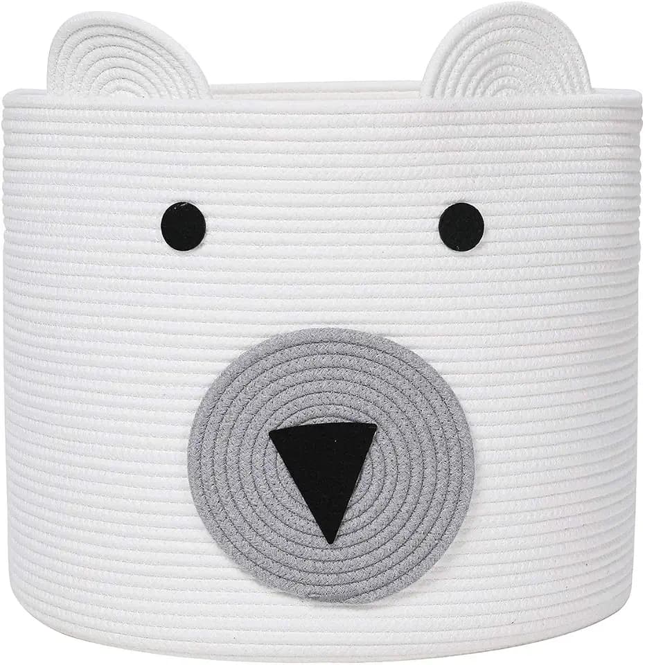 18x15 Inch Large Bear Basket, Open Cotton Rope Animal Storage Bin for Kids Bedroom Playroom, Handwoven Teddy Bear Decor, White