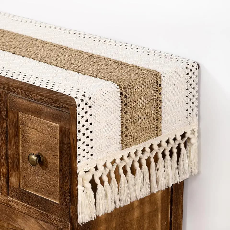 DeZerlor Ivory& Burlap Boho Macrame Farmhouse Woven Table Runner 60Inch