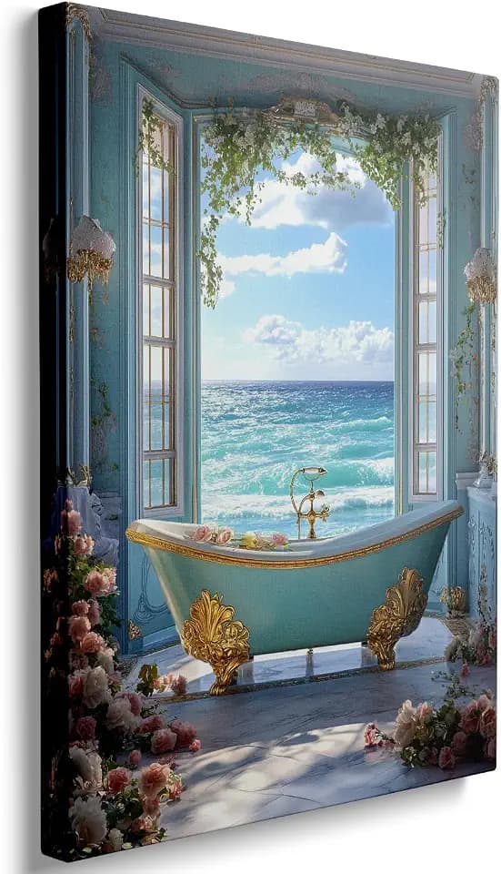 Ypxzzj Coastal Bathroom Ocean View Canvas Wall Art Vintage Bathtub Scene Poster Prints Romantic Decor Blue Ocean Pictures Paintings for Bathroom Ready to Hang (16''x24'')