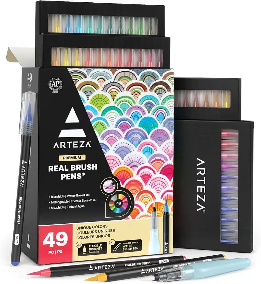 ARTEZA Real Brush Pens, 48 Watercolor Markers, Flexible Nylon Brush Tips