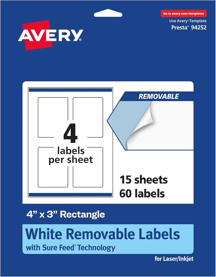 Avery Matte White Removable Rectangle Labels, Sure Feed Technology, Print-to-The-Edge, 4" x 3", 60 Removable Labels, Laser/Inkjet Printable