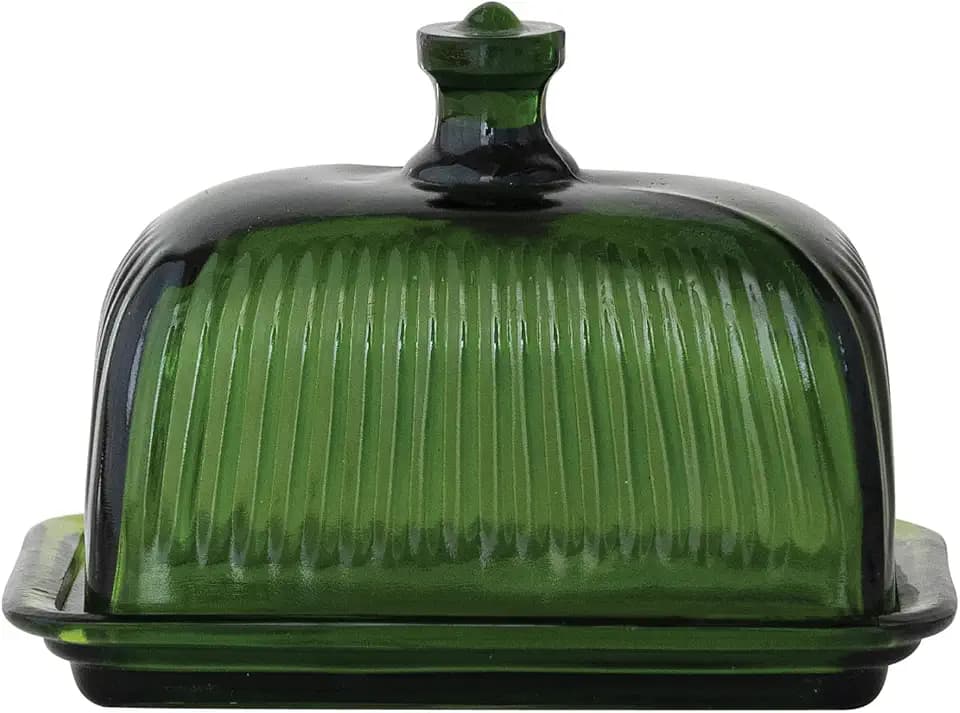 Creative Co-Op Pressed Glass Butter Dish, Green