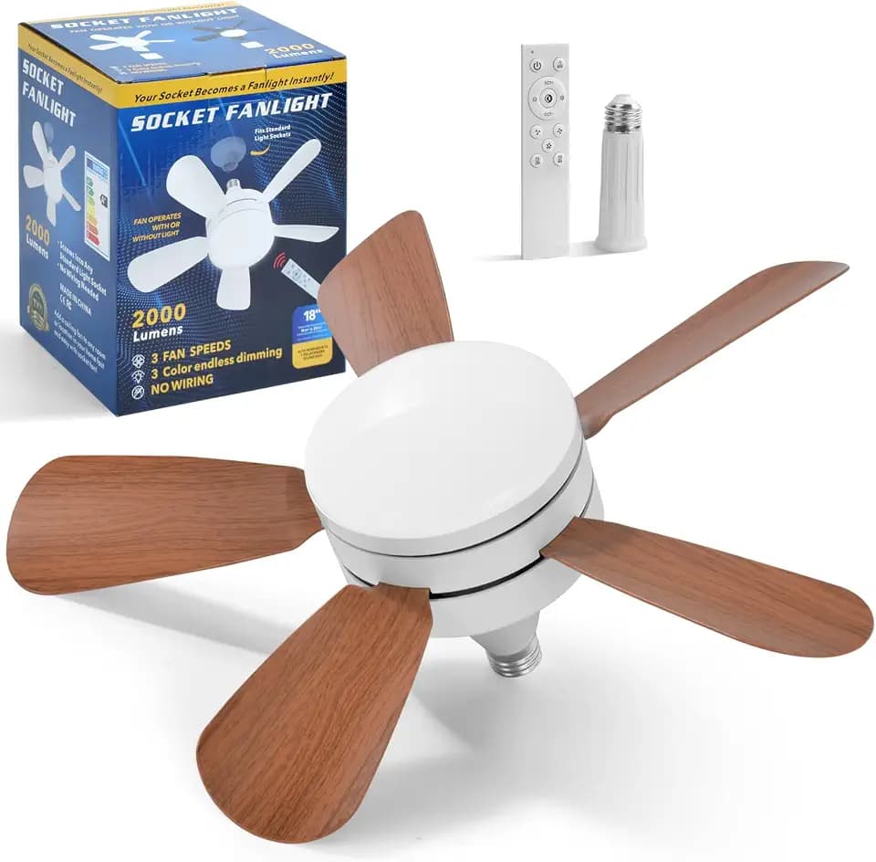 Socket Ceiling Fan Light with Remote, Small Ceiling Fan with Lights, 3 Colors Dimmable LED Bulb, Easy Install Screw in E26/E27 Base for Bedroom Living Room Kitchen Garage, Wood Grain