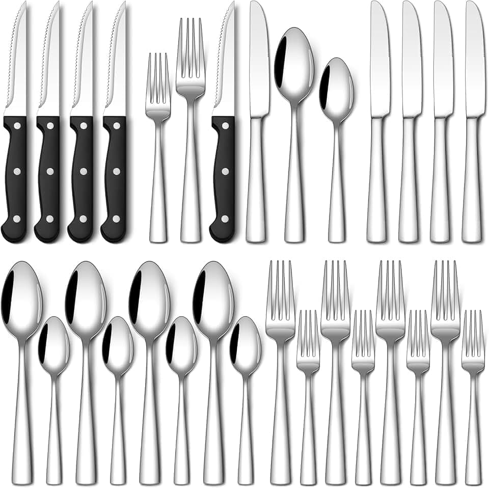 Stapava 24-Piece Silverware Set with Steak Knives, Food-Grade Stainless Steel Flatware Set for 4 Mirror Polished Cutlery Utensil Sets Include Dinner Knives Spoons and Forks Set Dishwasher Safe