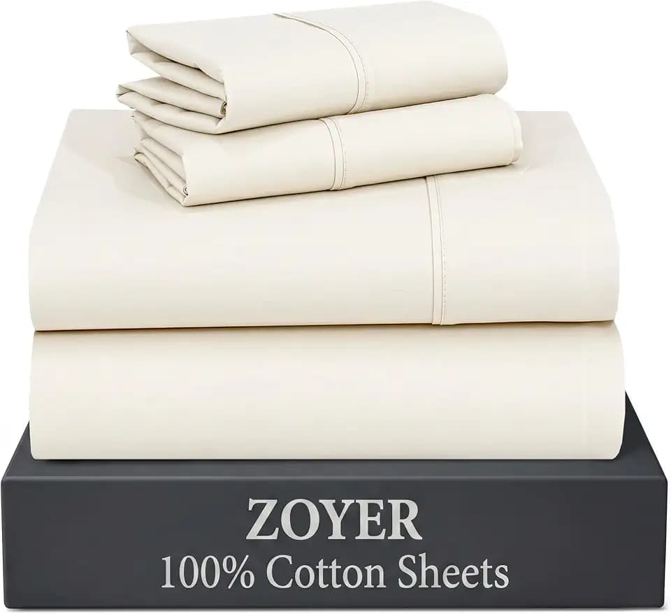 ZOYER 100% Cotton Queen Sheets, Percale Weave, Cream White