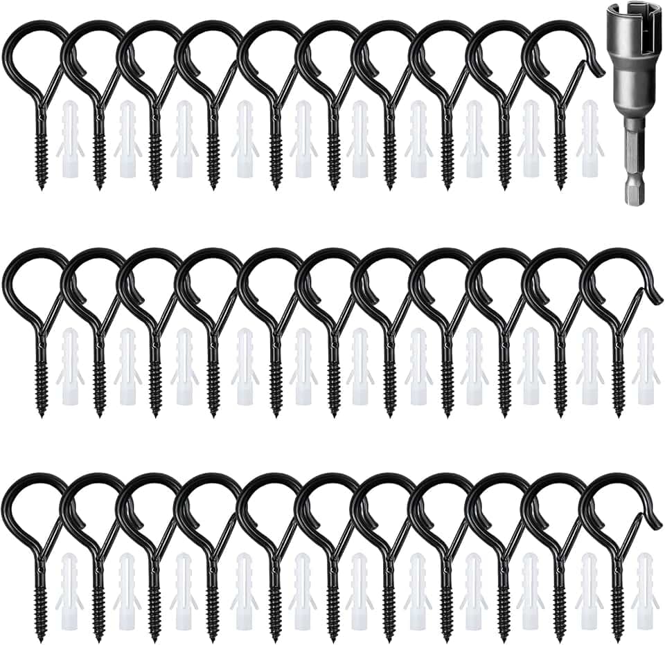 Raxfekro 32 Stück Schraubhaken Edelstahl, Haken zum Schrauben Set mit Sicherung, Schwarz Hakenschrauben Set, Deckenhaken für Hängende Topfpflanzen, Dekorative Lampen, Hängekörbe, Usw (Rund)
