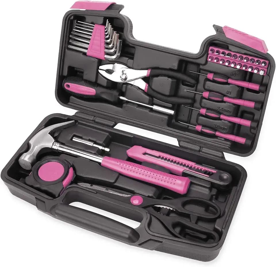 RVOGJP 39-Piece All Purpose Pink Household Tool Kit for Women - Small Tool Set with Toolbox, Great for Home, Garage, Office & College Dorm Use