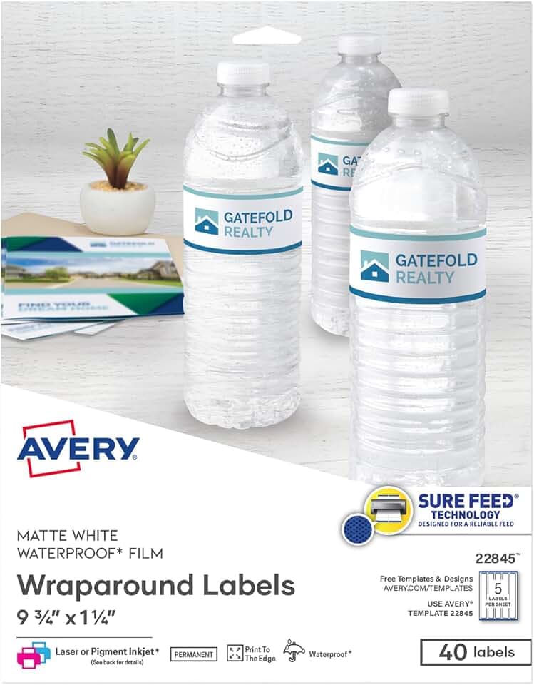 Avery Durable Waterproof Wraparound Rectangle Labels with Sure Feed Technology, 1-1/4" x 9-3/4", Matte White, 40 Customizable Labels for Laser and Pigment-Inkjet Printers (22845)
