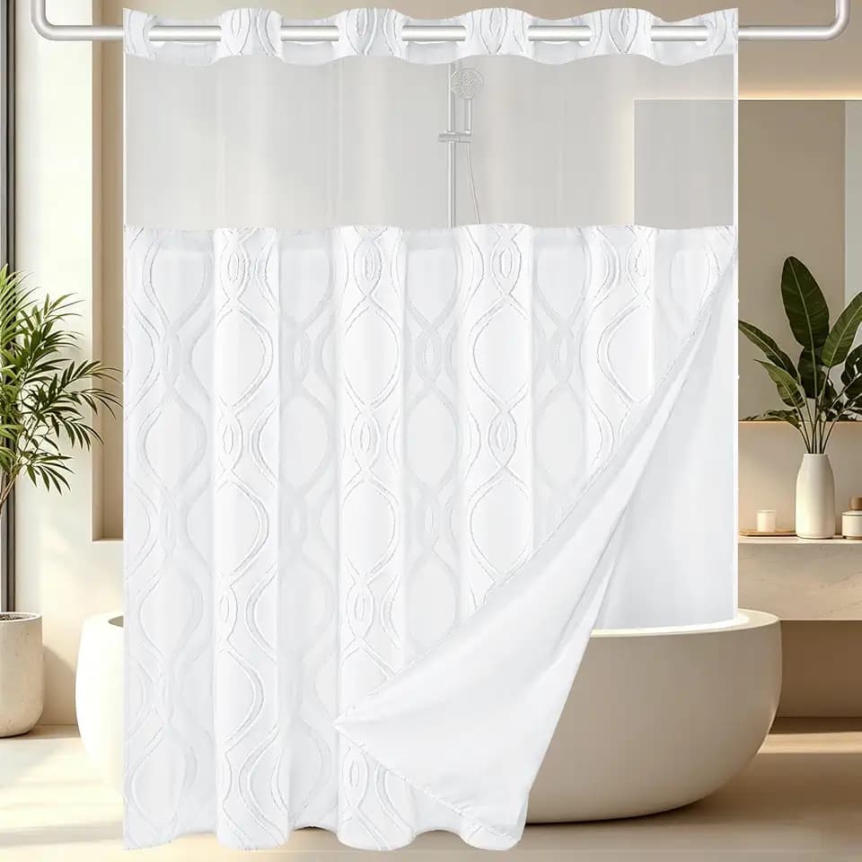 Yinhua No Hook Shower Curtain with Snap in Liner Set, 71" W×74" L, White