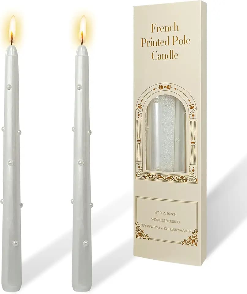 White Metal Pearls Tall Taper Candles-10 inch Unscented Smokeless Long Tapered Candle for Candlesticks Sticks Wedding Home Decor Dinner Christmas Set of 2
