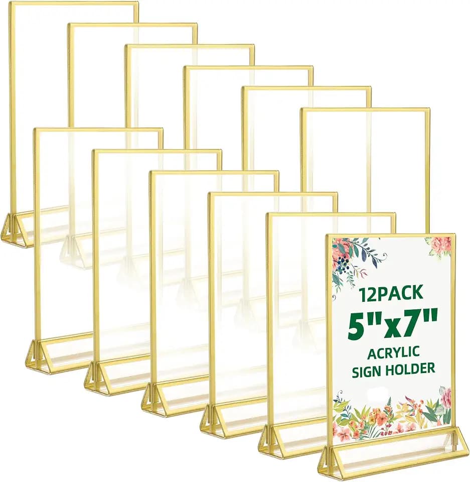 TonGass 12 Pack 5"x7" Acrylic Sign Holders with 3mm Gold Border