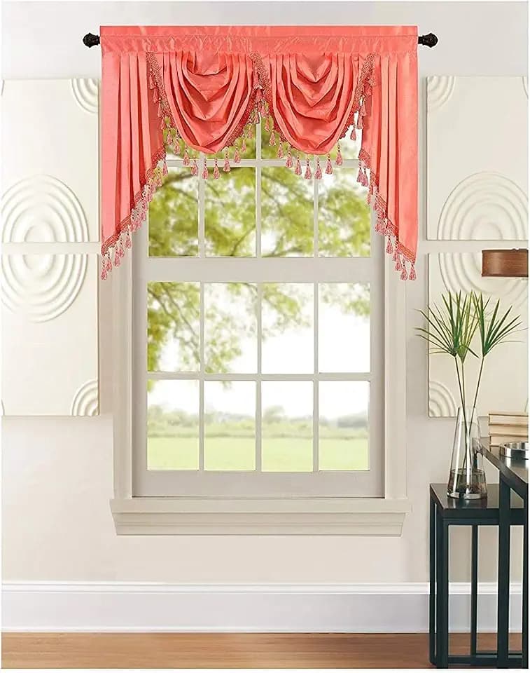 All American Collection New Attached Solid Faux Silk Double Waterfall Valance with Tails (55" x 32", Peach Valance)