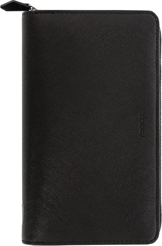 Filofax Saffiano Zip Organizer, Personal Compact Size, Black - Cross-Grain, Leather-Look, Six Rings, Two-Weeks-to-View Insert, English (C028775)