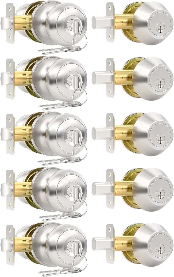 5 Pack Front Door Lock Set, Keyed Alike Exterior Door Lock Set with Deadbolt, Single Cylinder Deadbolt Lock and Entry Door Knob Set,Round Ball Brushed Nickel Door Knobs with Lock and Keys