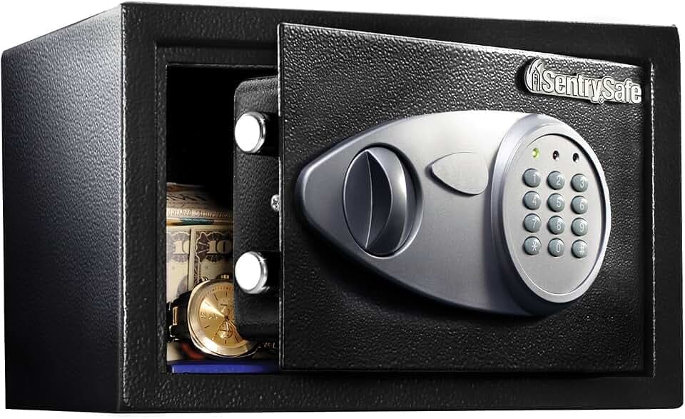 SentrySafe Medium Safe with Digital Keypad, Lock Box with Code has Interior Lining and Bolt Down Kit that Secures Pistol, Money, 0.41 Cubic Feet, 7.6 x 11.4 x 10.4 Inches, X041E
