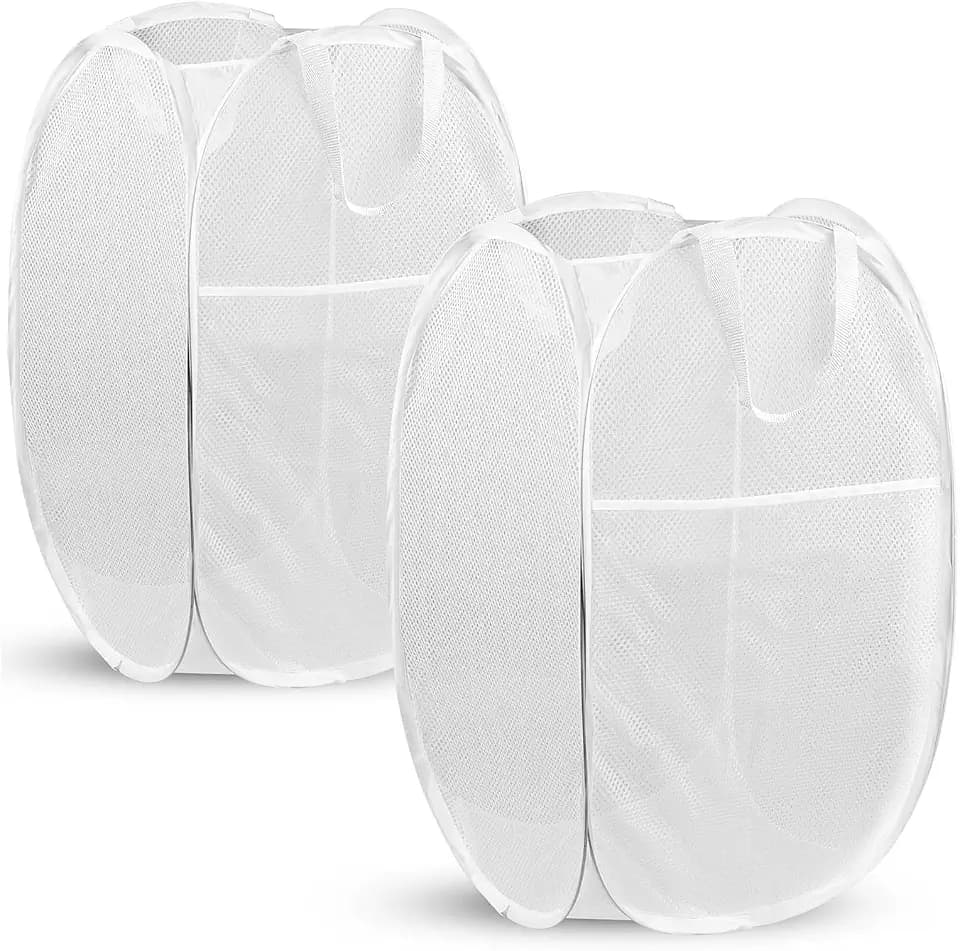 2 Pack Pop Up Laundry Hampers, 70 L Collapsible Foldable Mesh Basket, White