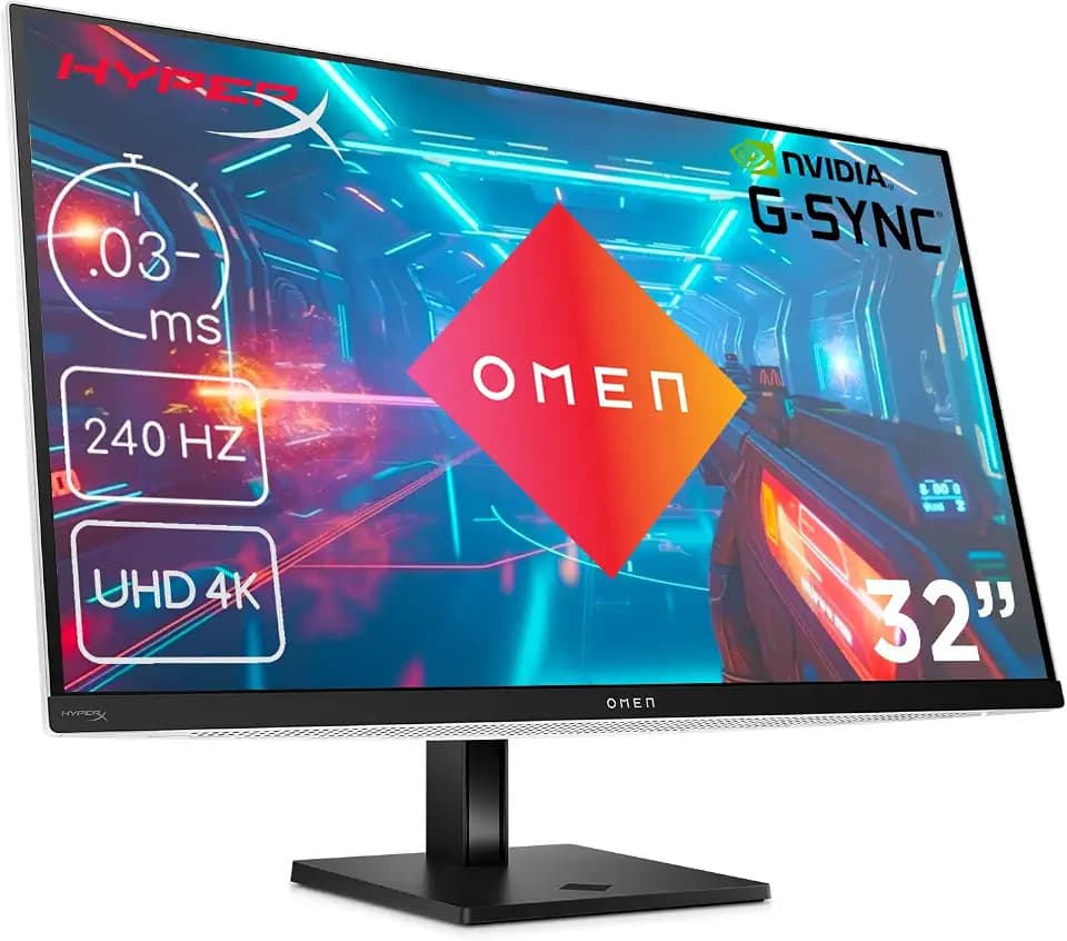 HP Omen Transcend Gaming-Monitor mit 240 Hz, 31.5 Zoll 4K UHD OLED, 0,03 ms Reaktionszeit, HyperX Audio, aRGB Beleuchtung, Verstellbarer Standfuß, Omen Tempest Cooling, OSD Taste, USB-C, Weiß