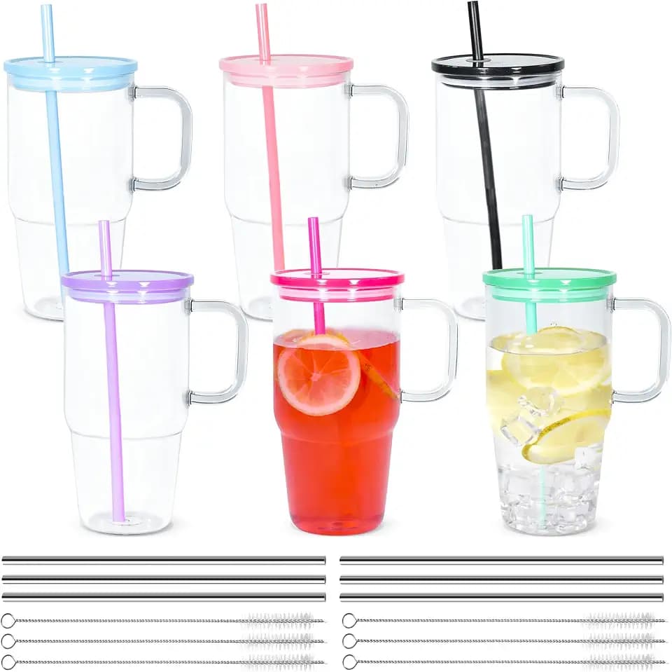 6Pcs 20oz Acrylic Tumbler with Handle, Plastic Cups with Lids and Straw