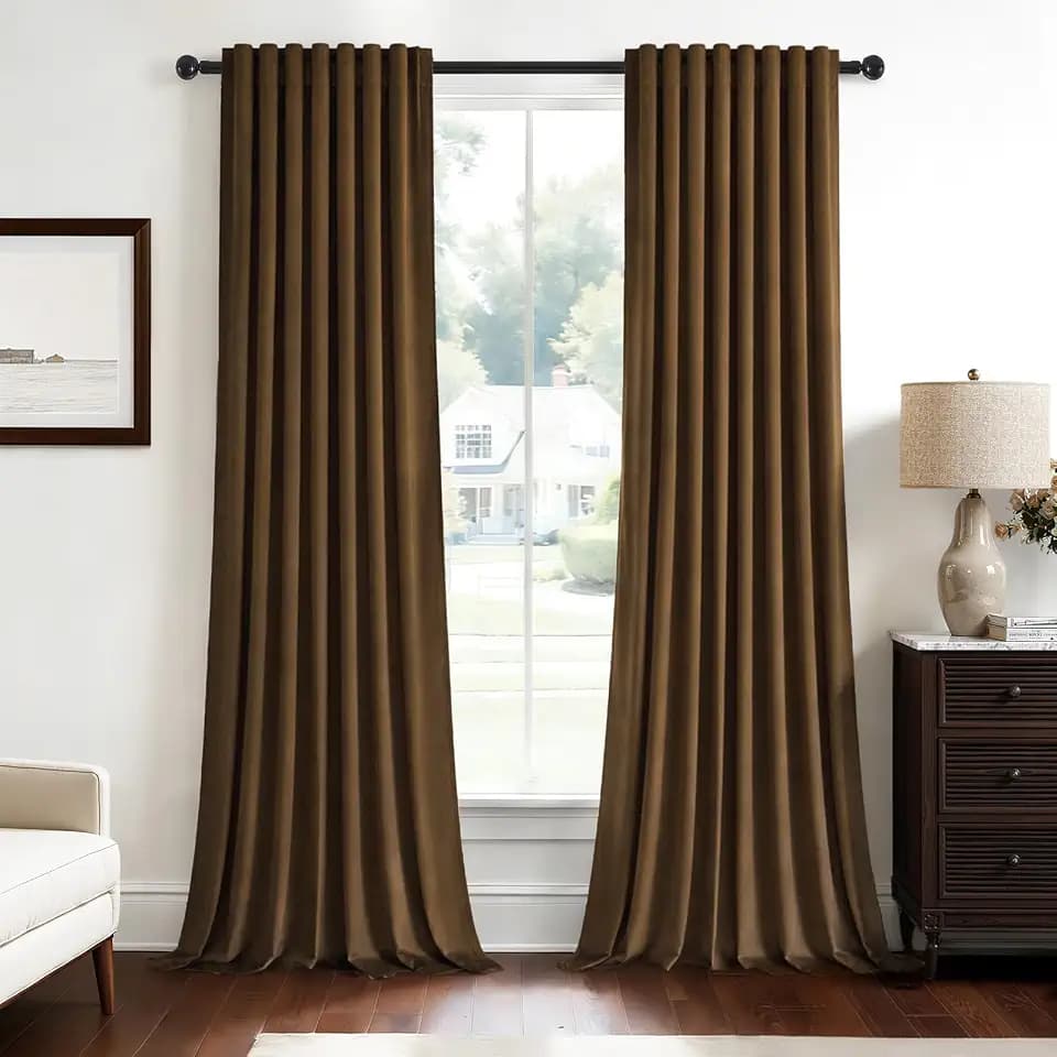 96 Inch Long Gold Brown Velvet Blackout Curtains 2 Panels Elegant Boho Back Tab Drapes for Living Room Bedroom Heavy Thick Velvet Room Darkening Soundproof Window Curtain Panels for Home Decor,W52