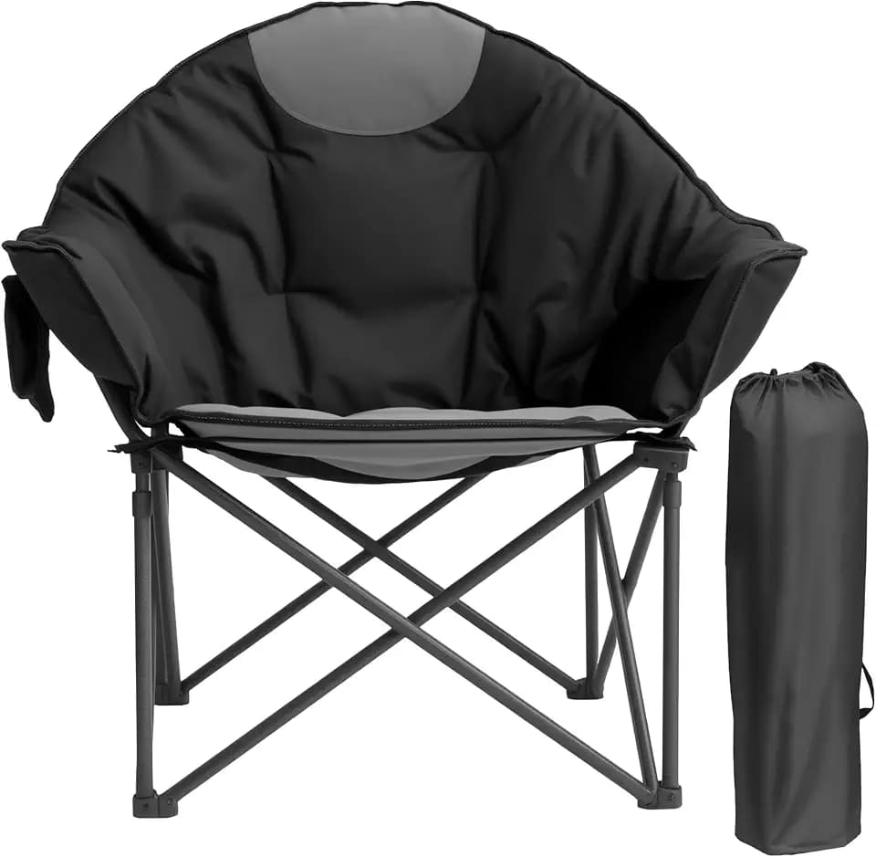 Oversized Camping Chair with Cup Holder & Carry Bag, 500lbs Heavy Duty Moon Saucer Folding Chair for Outdoor, Lawn, Sports, Patio, Black