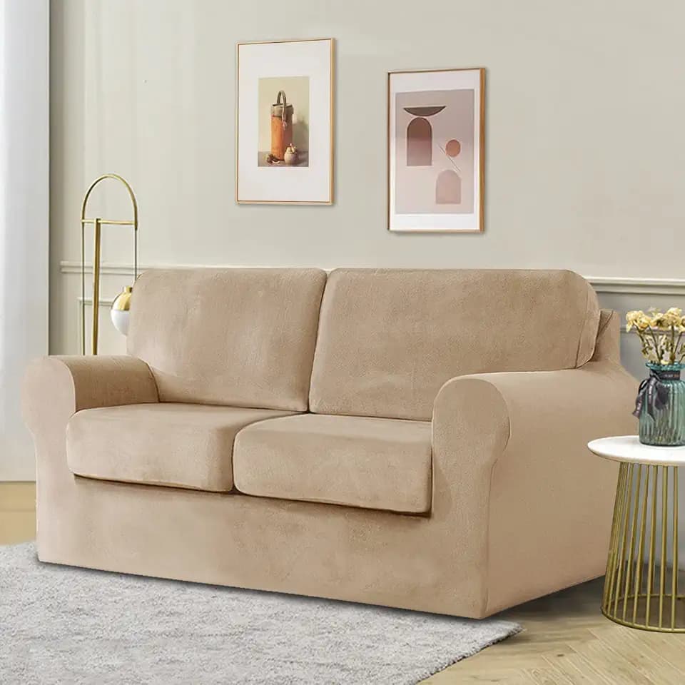 5 Pieces Velvet High Stretch Sofa Covers for 2 Cushion Couch Sofa Slipcovers, Washable Furniture Protector with Drawstring Anti Slip Bottom, Soft and Plush Fabric for Kids and Pet (Sand)