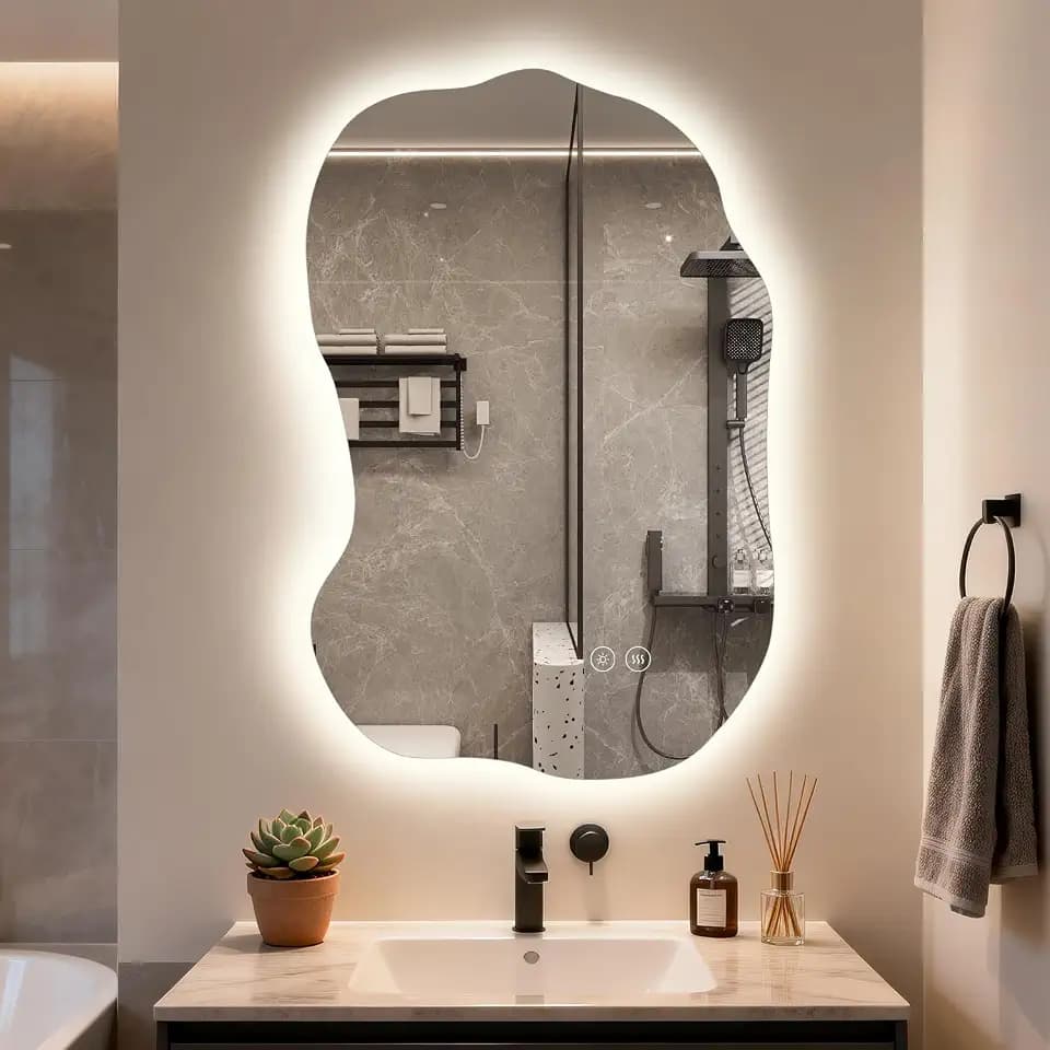 VASUHOME 24"x32" Irregular LED Bathroom Mirror, Backlit Lighting, Tempered Glass Wall Vanity Mirror, Anti-Fog, 3 Color Dimmable, Memory Function, UL Listed