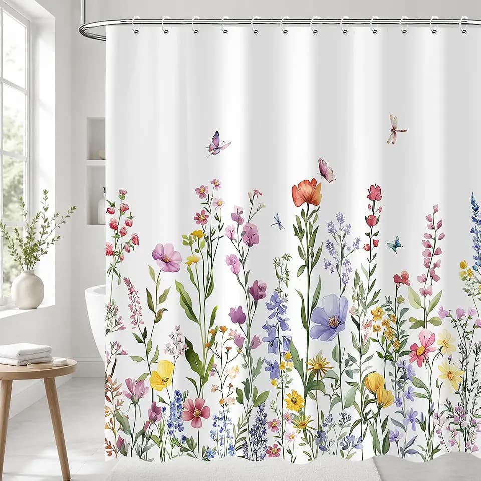 Rustic Boho Floral Shower Curtain, Wildflower Butterfly Botanical Shower Curtain Set, Watercolor Plant Flowers Aesthetic Fabric Shower Curtain Bathroom Accessories with 12PCS Hooks 72X72IN