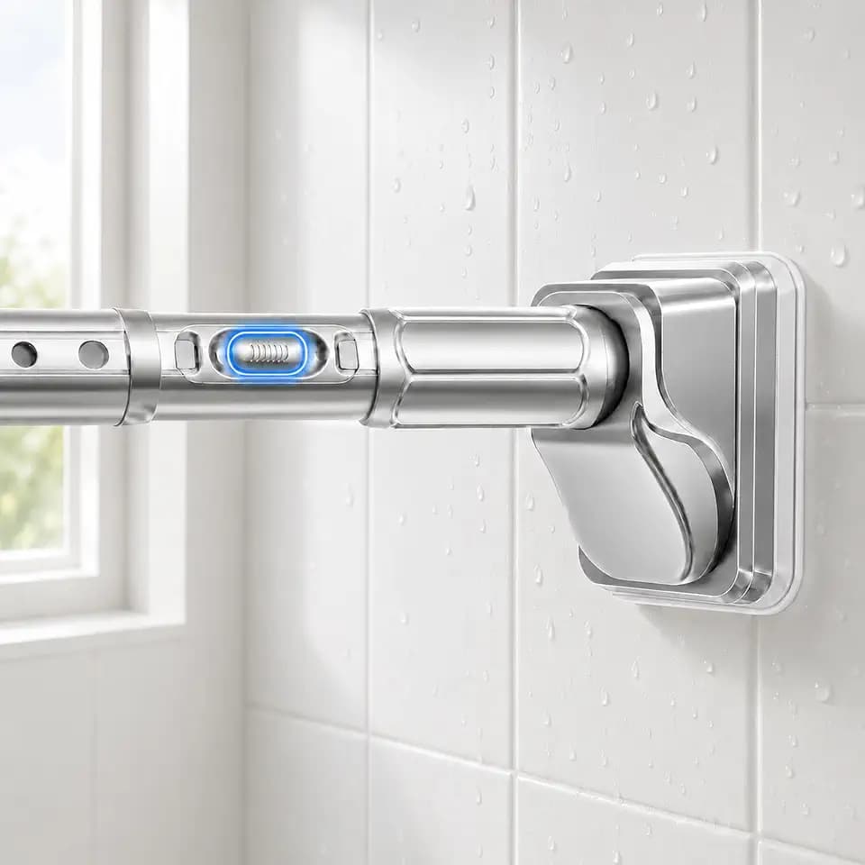 JILRON Shower Rods for Bathroom 32-96in(2.66-8ft),Rust-Resistant,No Drill spring curtain rod,for Shower,Outdoor Curtain,Closet-1.26" dia,One-Click Stretch Design, Upgraded Anti-Slip Pads