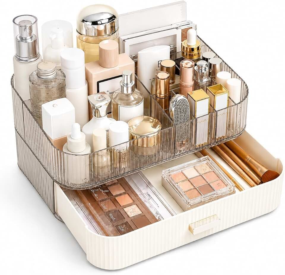 Makeup Organizer with Wide Drawer for Vanity, Stackable Cosmetic Organizer Countertop, Clear Skincare Storage for Bathroom Counter, Perfume, Lipstick, Brushes and Palettes, Cream White