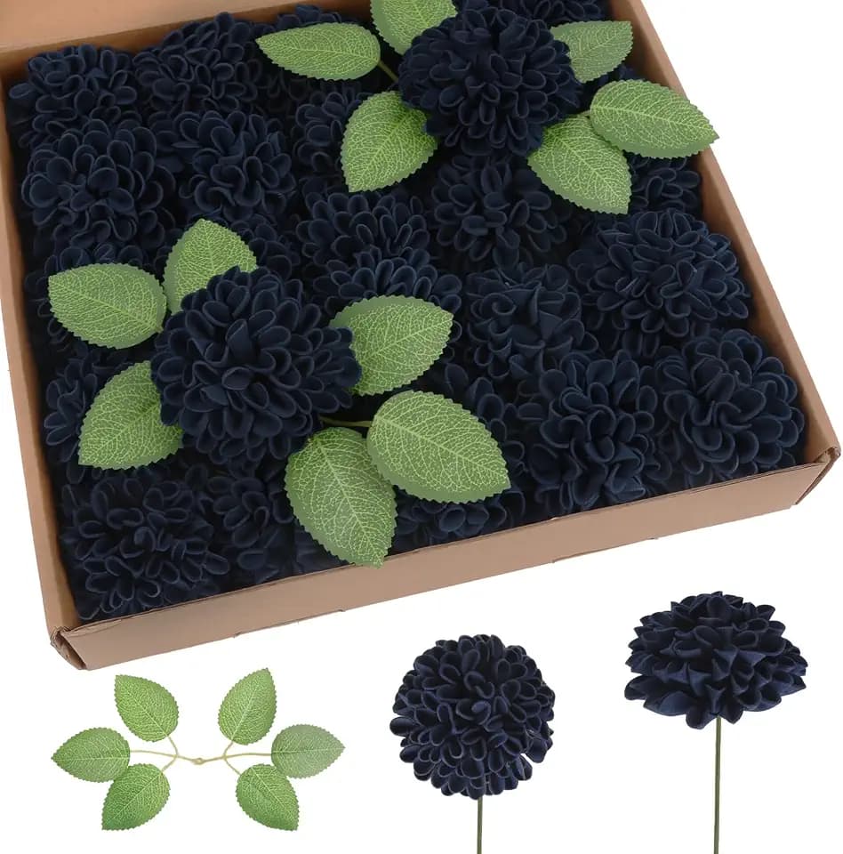 25Pcs Navy Blue Dahlia Foam Flowers Artificial Dahlias Realistic Fake Roses with Stems for DIY Wedding Bouquets Party Table Centerpieces Home Decorations (Navy Blue)